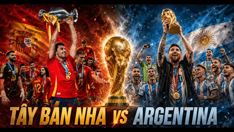 Cầu thủ Tây Ban Nha và Argentina đang tranh chấp quả bóng trên sân